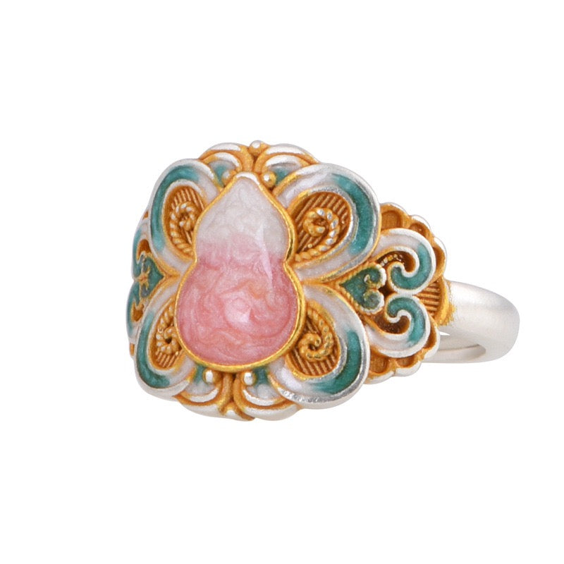 Enamel Gourd 999 Pure Silver Open Ring with Filigree Band