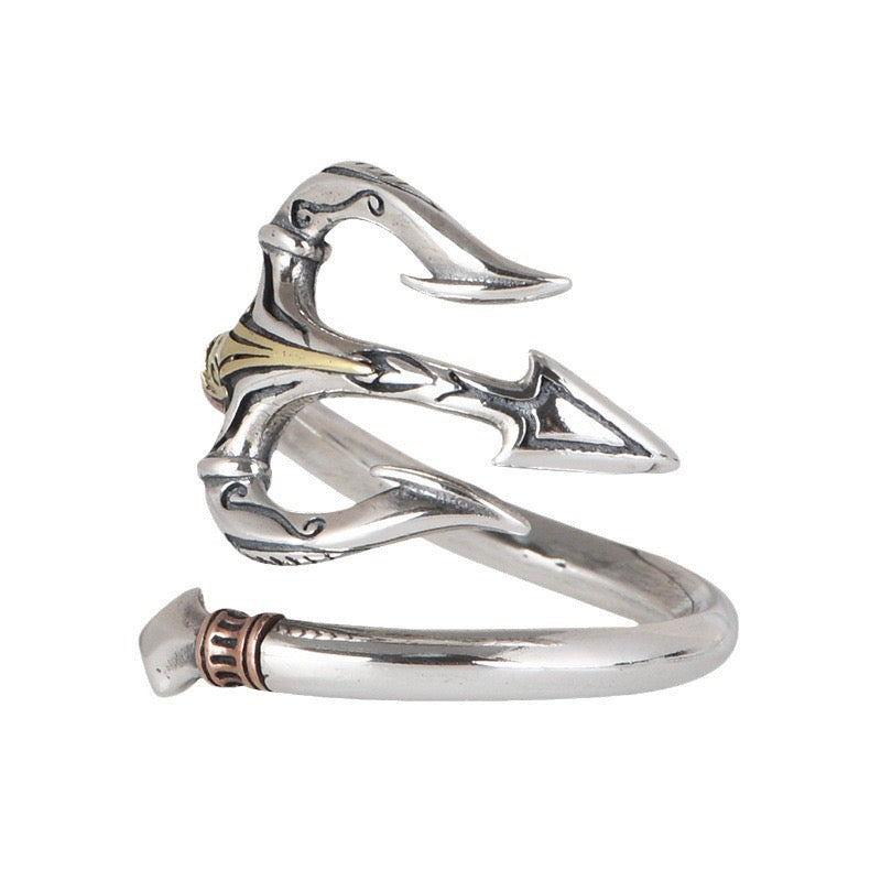 Vintage Trident Weapon 925 Sterling Silver Punk Open Ring