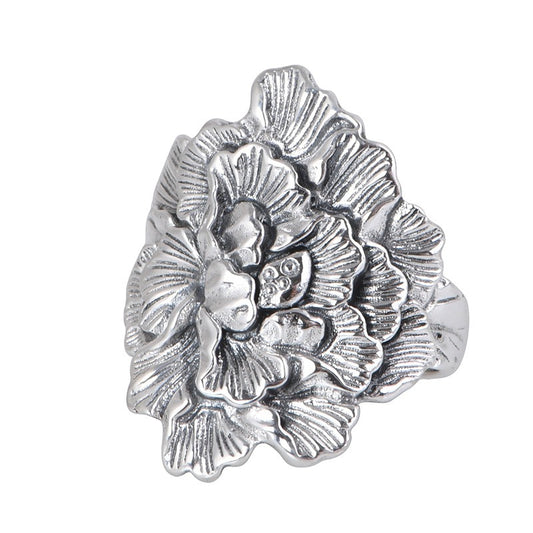 Vintage Peony 990 Pure Silver Wide Band Adjustable Ring