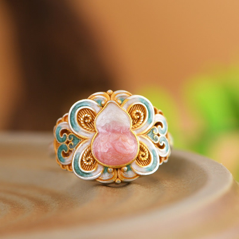 Enamel Gourd 999 Pure Silver Open Ring with Filigree Band