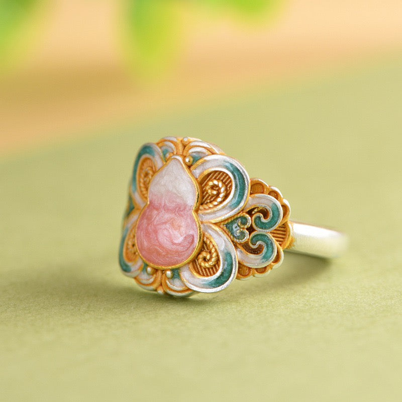 Enamel Gourd 999 Pure Silver Open Ring with Filigree Band