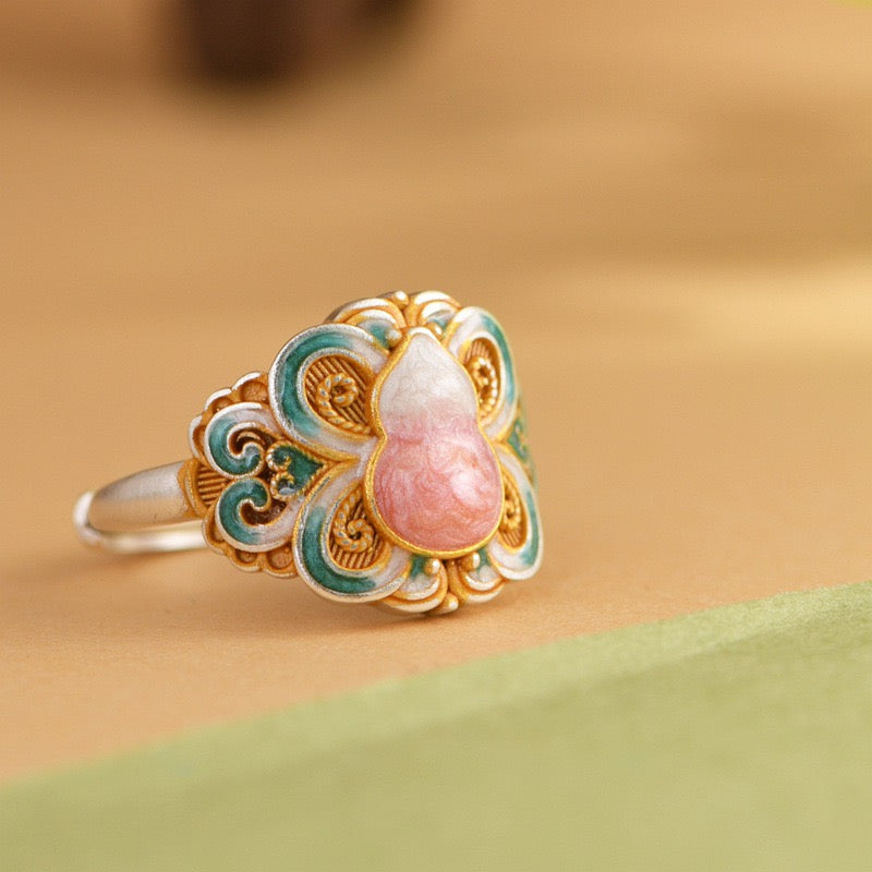 Enamel Gourd 999 Pure Silver Open Ring with Filigree Band