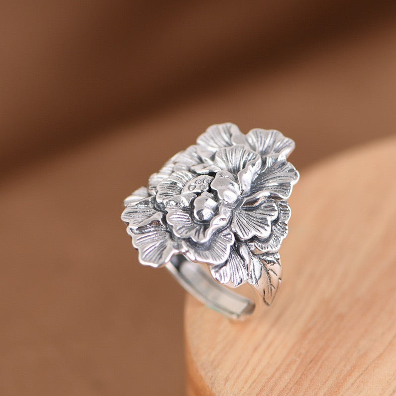 Vintage Peony 990 Pure Silver Wide Band Adjustable Ring