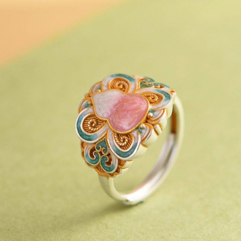 Enamel Gourd 999 Pure Silver Open Ring with Filigree Band