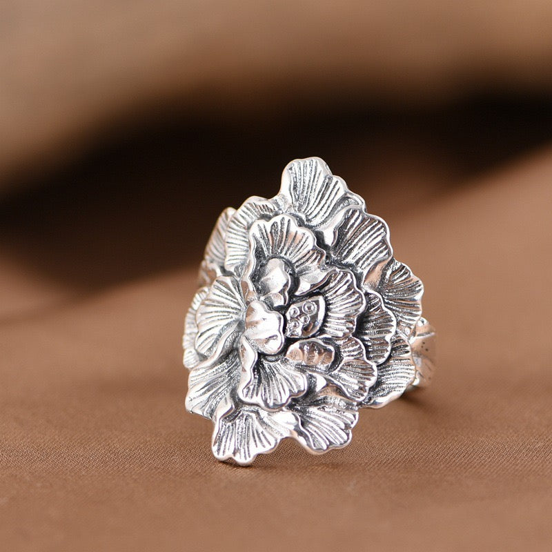 Vintage Peony 990 Pure Silver Wide Band Adjustable Ring
