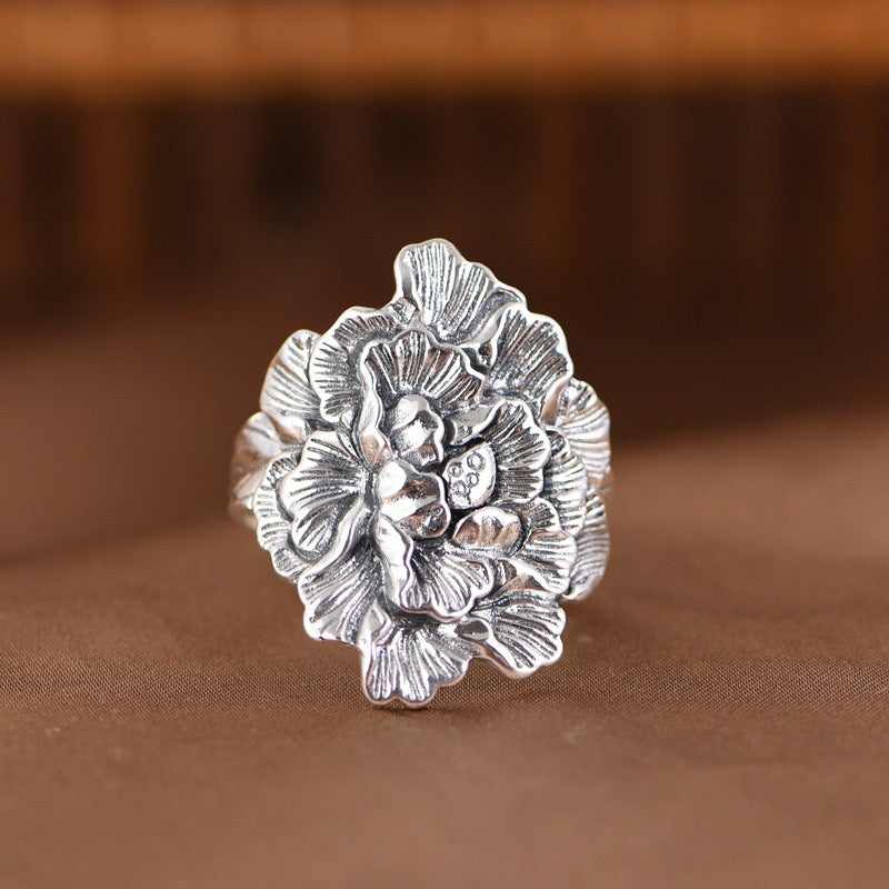 Vintage Peony 990 Pure Silver Wide Band Adjustable Ring